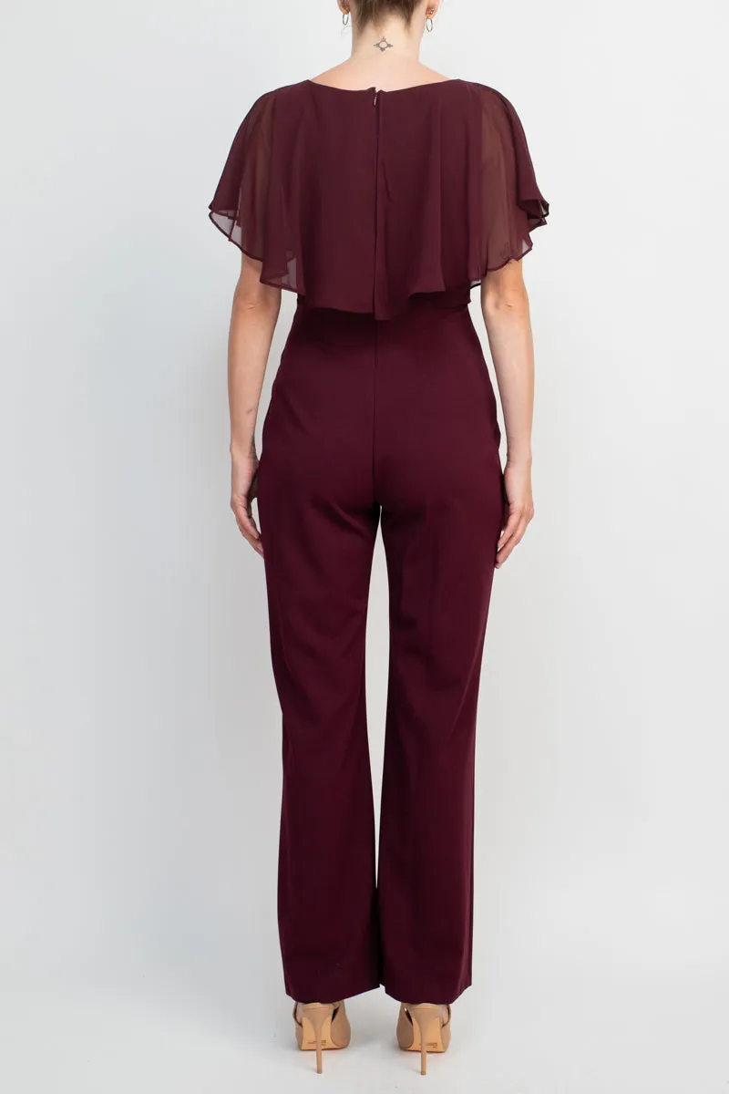 Connected Apparel V-Neck Popover Chiffon Top Zipper Back Solid Crepe Jumpsuit