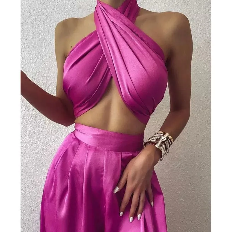 Cross High Waist Satin Jumpsuits