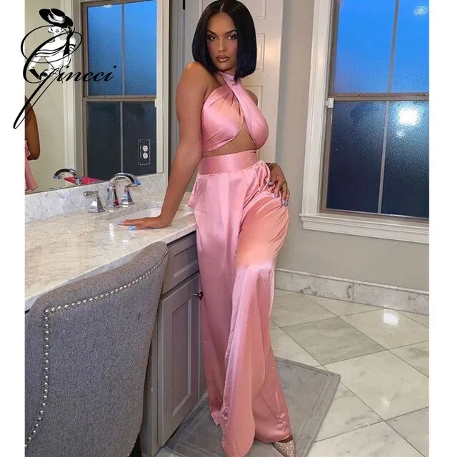 Cross High Waist Satin Jumpsuits