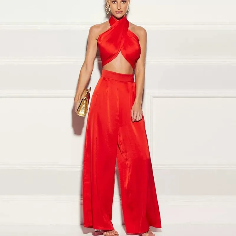 Cross High Waist Satin Jumpsuits