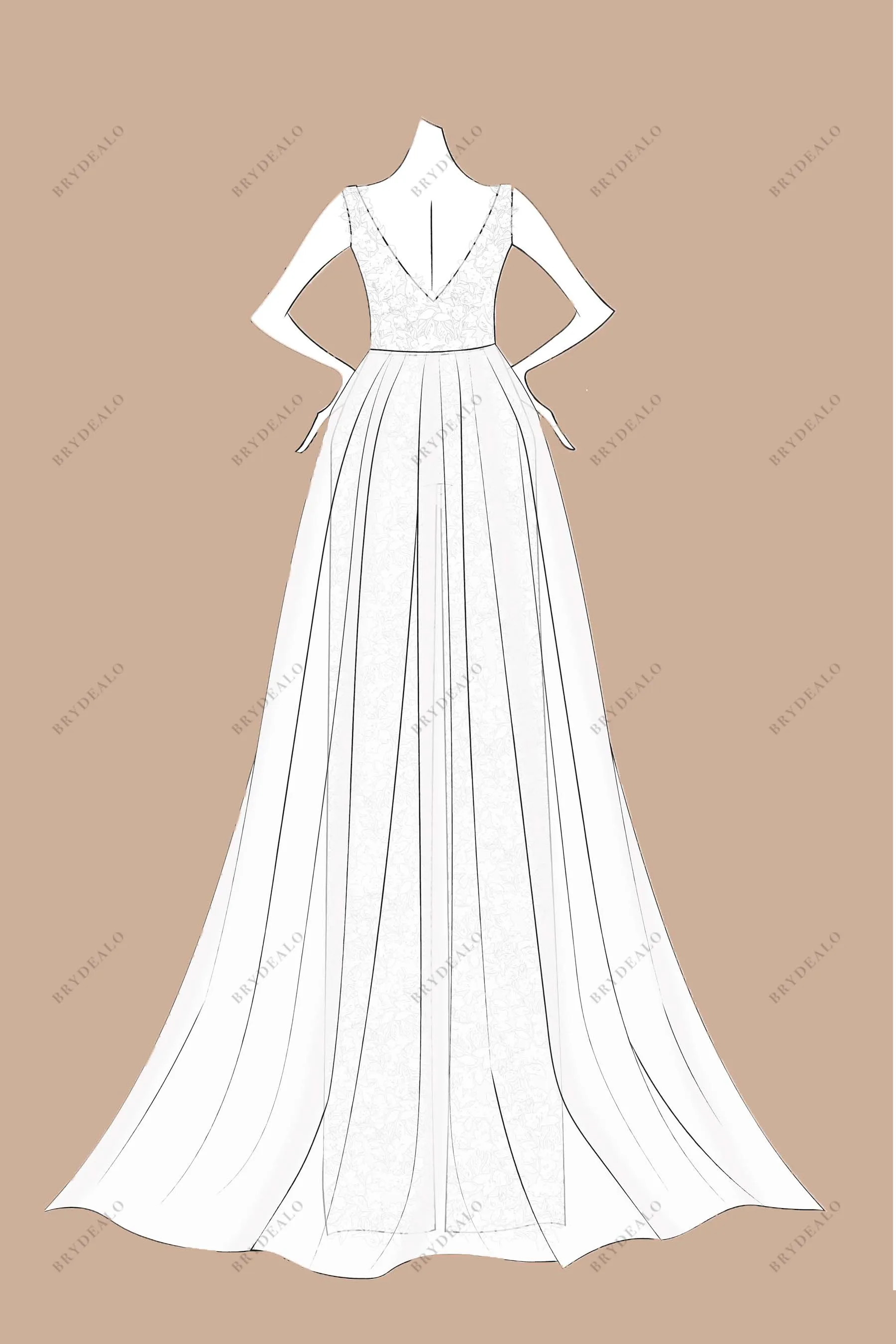 Designer Lace V-neck Bridal Jumpsuit with Wedding Overskirt Sketch