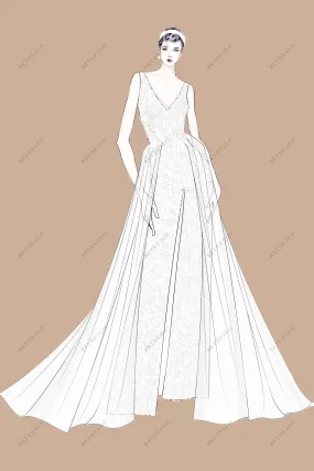 Designer Lace V-neck Bridal Jumpsuit with Wedding Overskirt Sketch