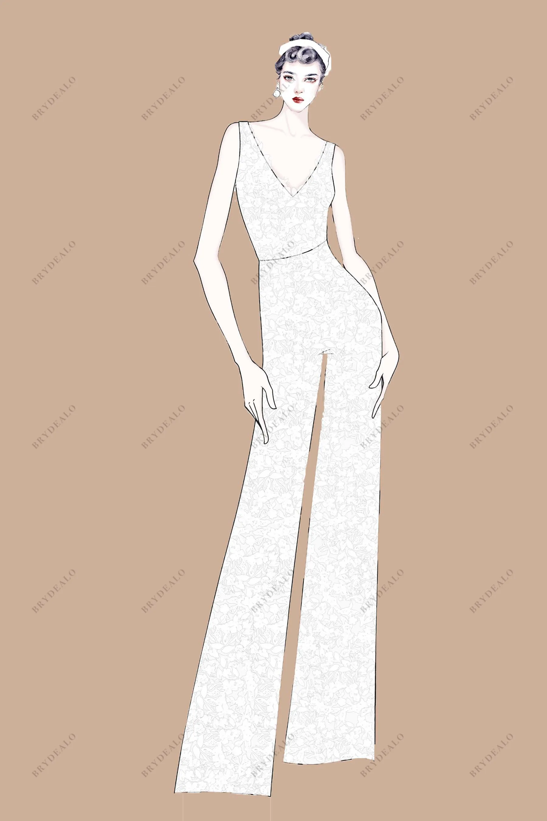 Designer Lace V-neck Bridal Jumpsuit with Wedding Overskirt Sketch