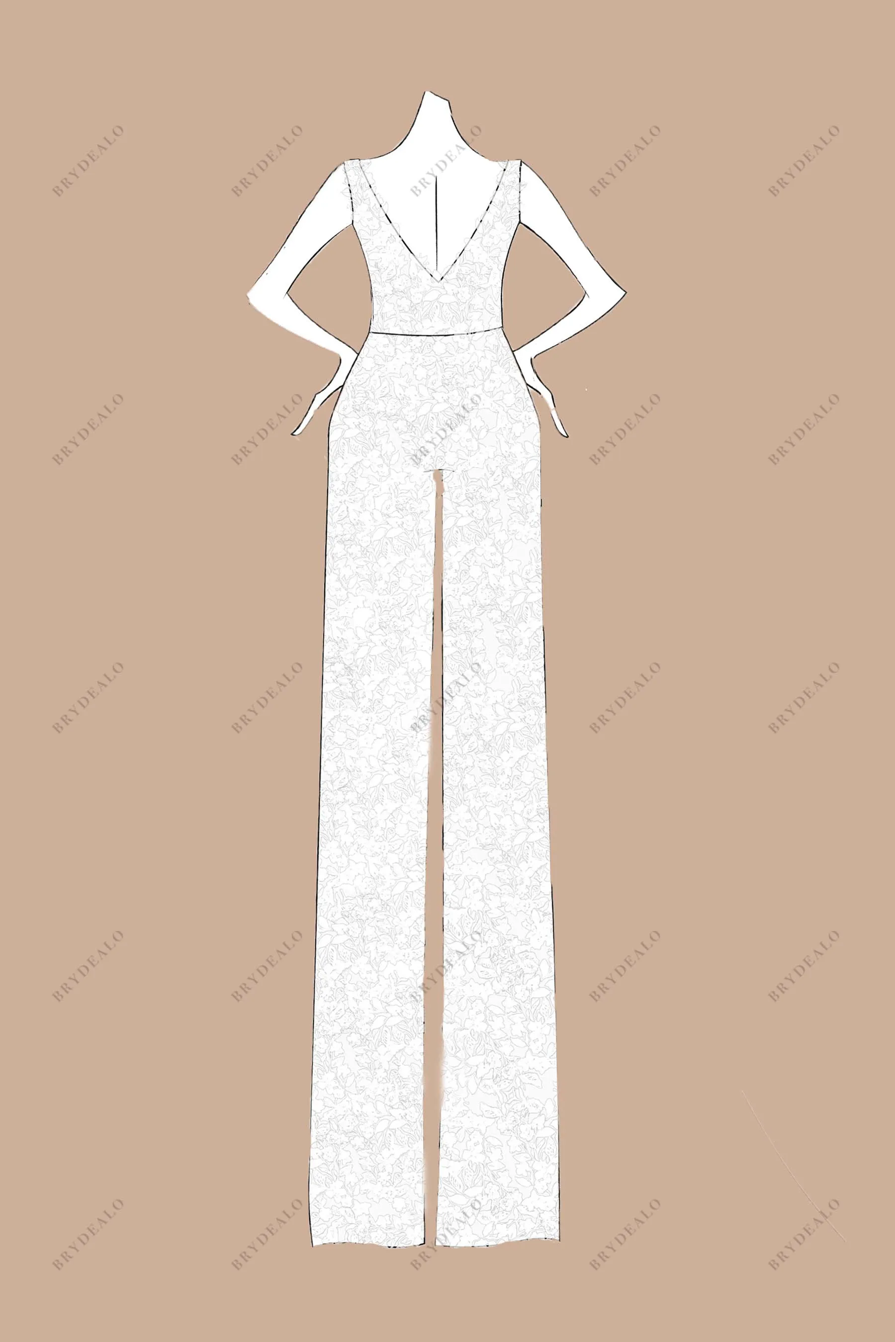 Designer Lace V-neck Bridal Jumpsuit with Wedding Overskirt Sketch