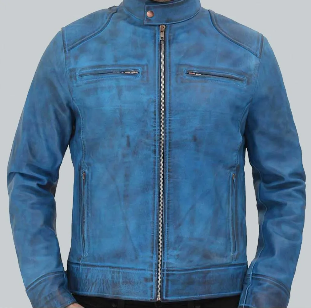 Dodge Café Racer Sky Blue Premium Leather Jacket