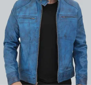 Dodge Café Racer Sky Blue Premium Leather Jacket