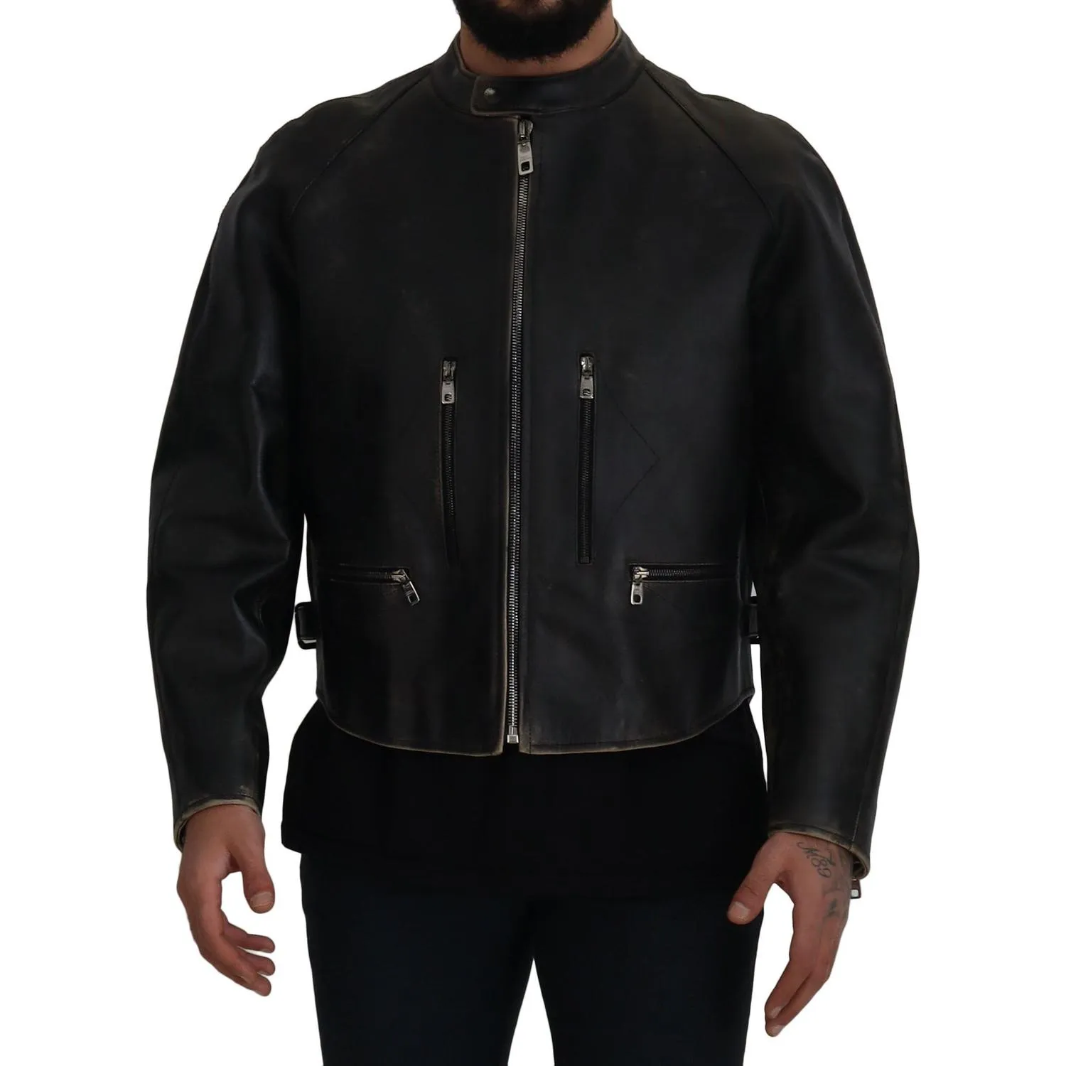 Dolce & Gabbana Elegant Black Leather Jacket with Silver Details