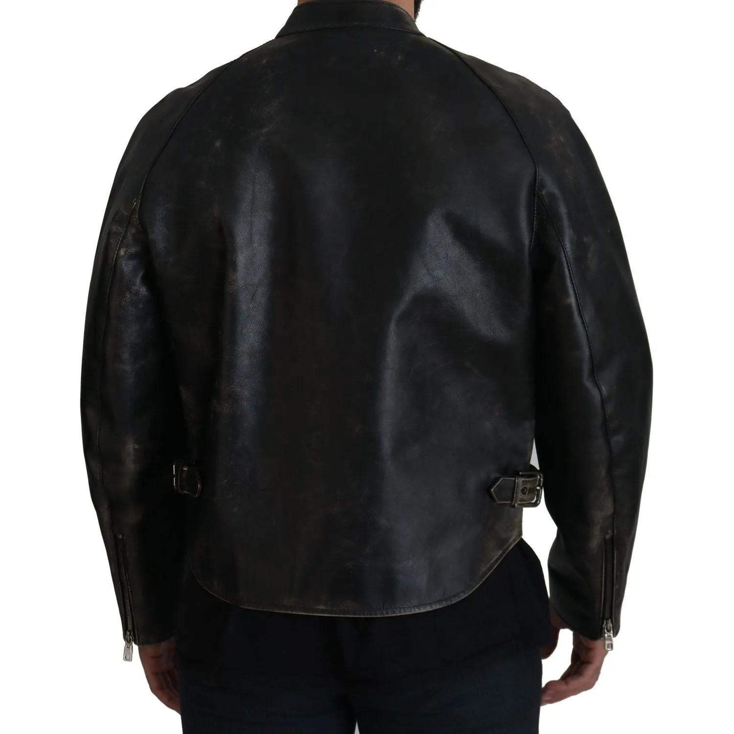 Dolce & Gabbana Elegant Black Leather Jacket with Silver Details