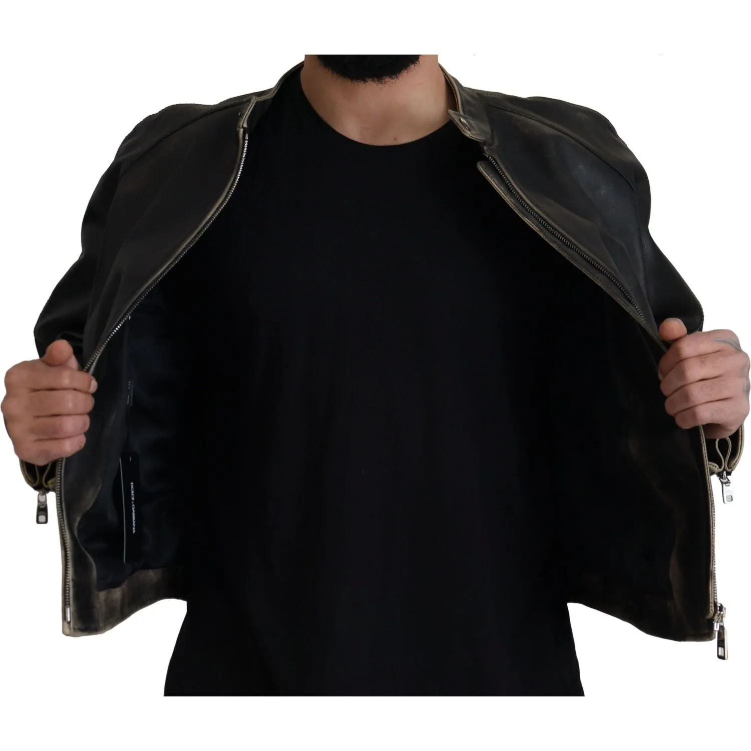 Dolce & Gabbana Elegant Black Leather Jacket with Silver Details