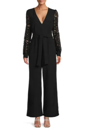 Donna Ricco Belted Wide Leg Deep V-Neck Banded Button Cuffs Lace Sleeve Jumpsuit