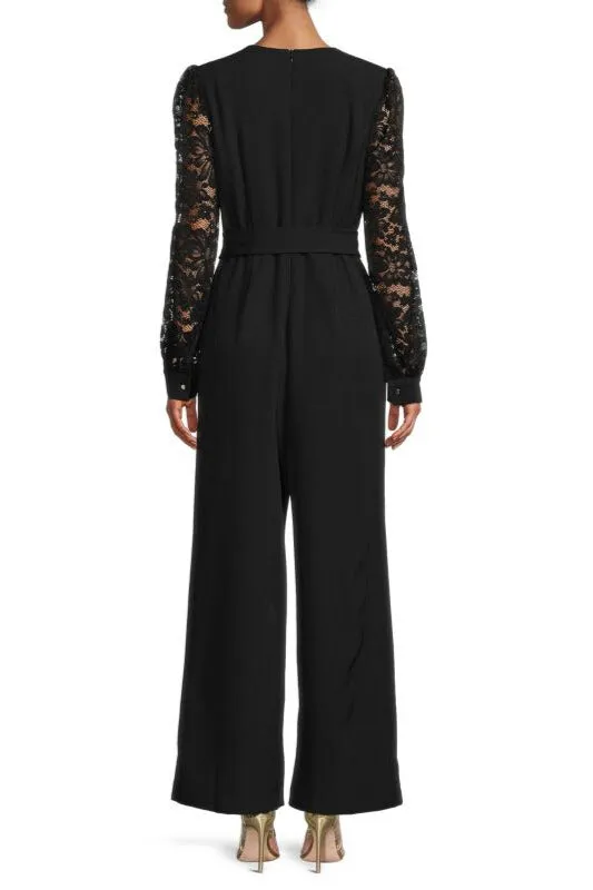 Donna Ricco Belted Wide Leg Deep V-Neck Banded Button Cuffs Lace Sleeve Jumpsuit