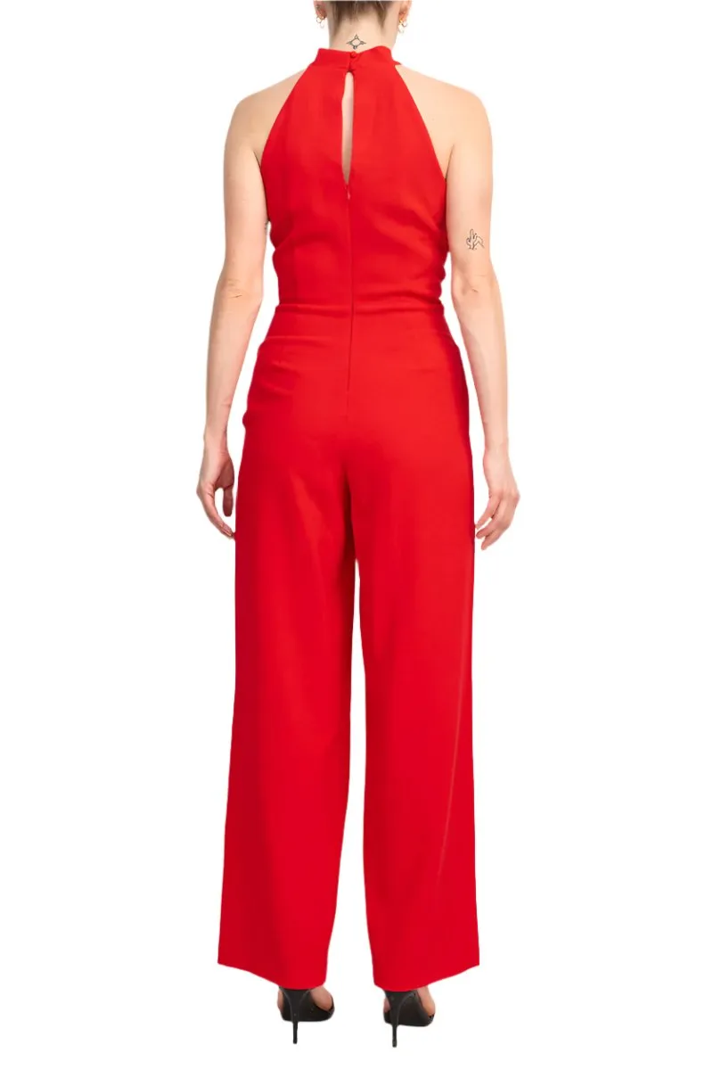 Donna Ricco Halter Chain Neck Keyhole Front Sleeveless Zipper Back Pockets Solid Crepe Jumpsuit