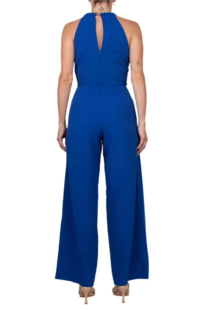 Donna Ricco Halter Chain Neck Keyhole Front Sleeveless Zipper Back Pockets Solid Crepe Jumpsuit