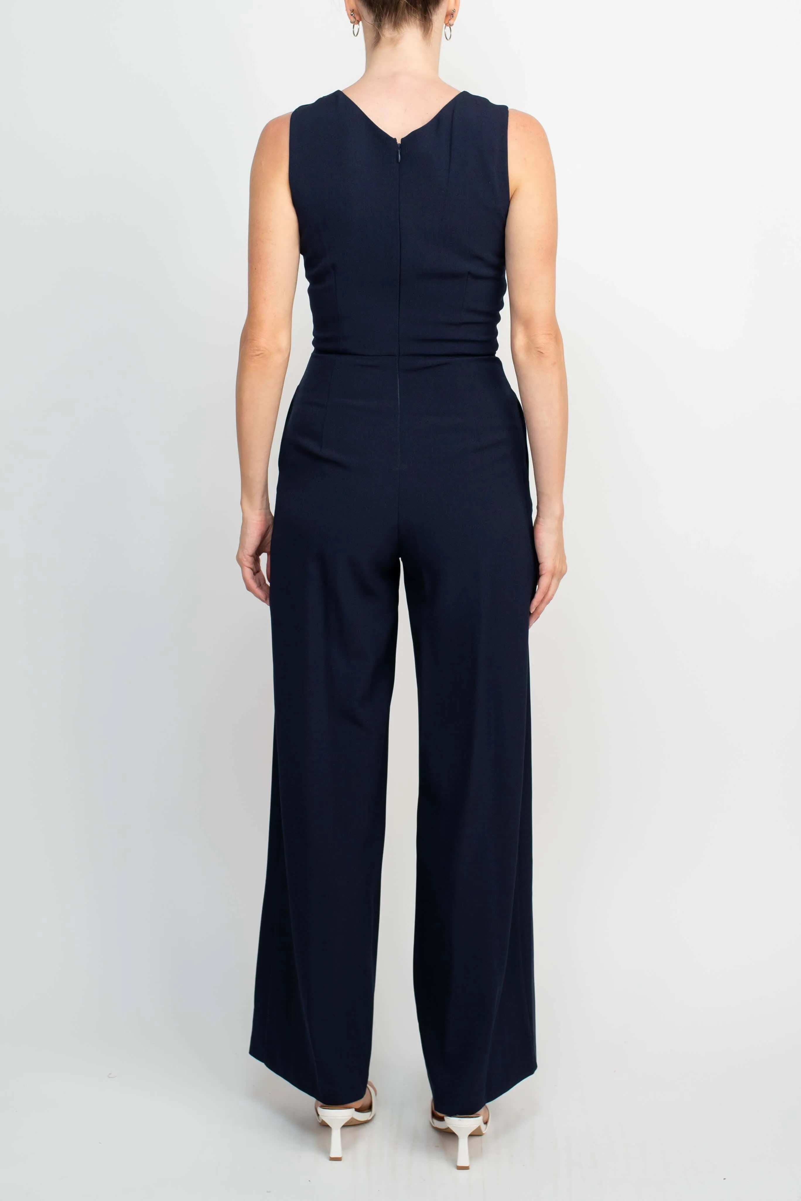 Donna Ricco V-Neck Sleeveless Zipper Back Solid Crepe Jumpsuit