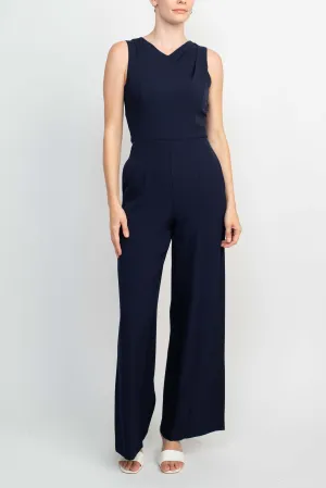 Donna Ricco V-Neck Sleeveless Zipper Back Solid Crepe Jumpsuit