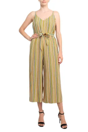 Emma & Michele Banded Strap V-Neck Side Button Zipper Back Tie Waist Stripe Print Crepe Jumpsuit