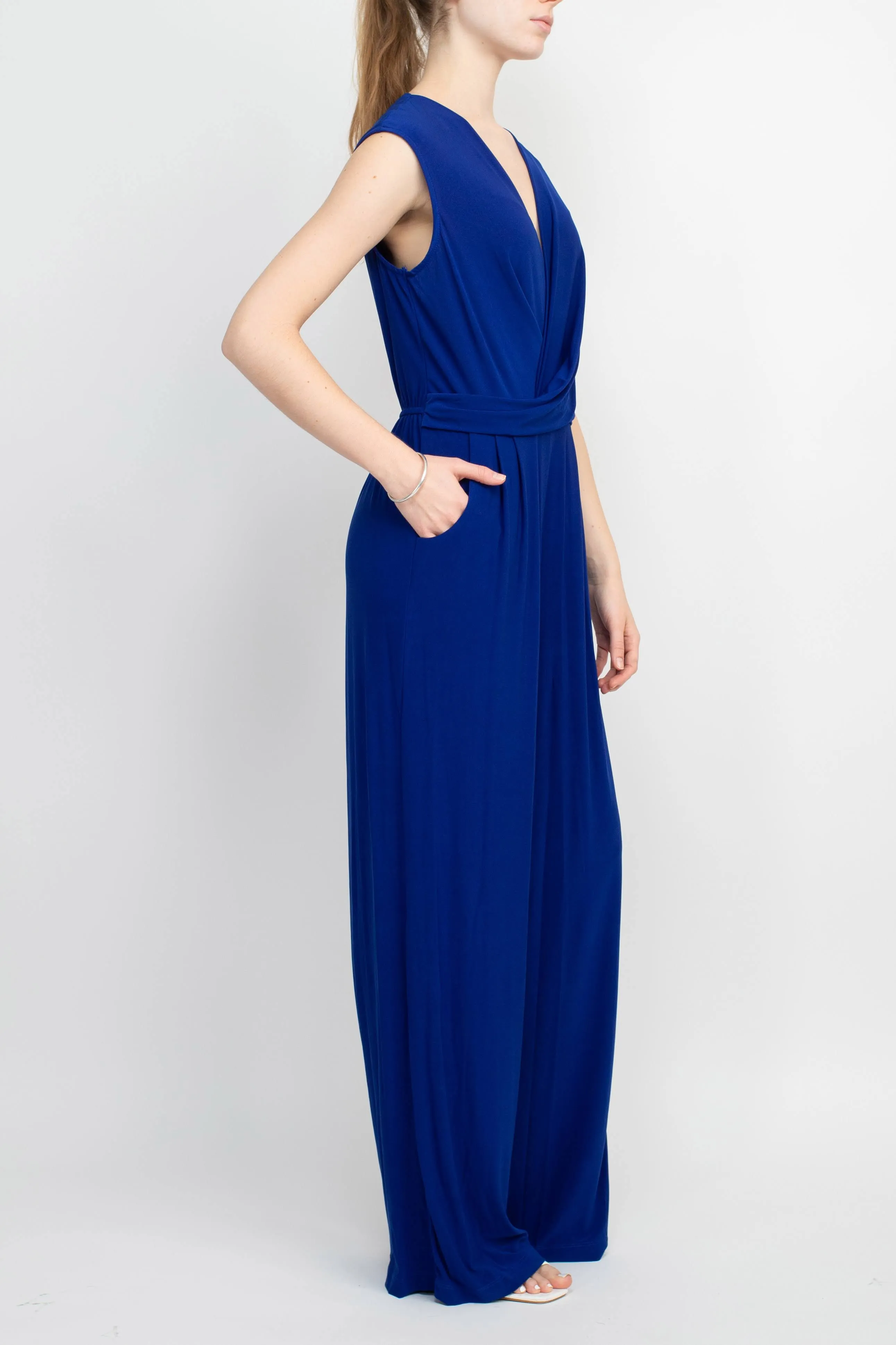 Emma & Michele V-Neck Cap Sleeve Draped Ruched Solid Keyhole Back ITY Jumpsuit with Pockets