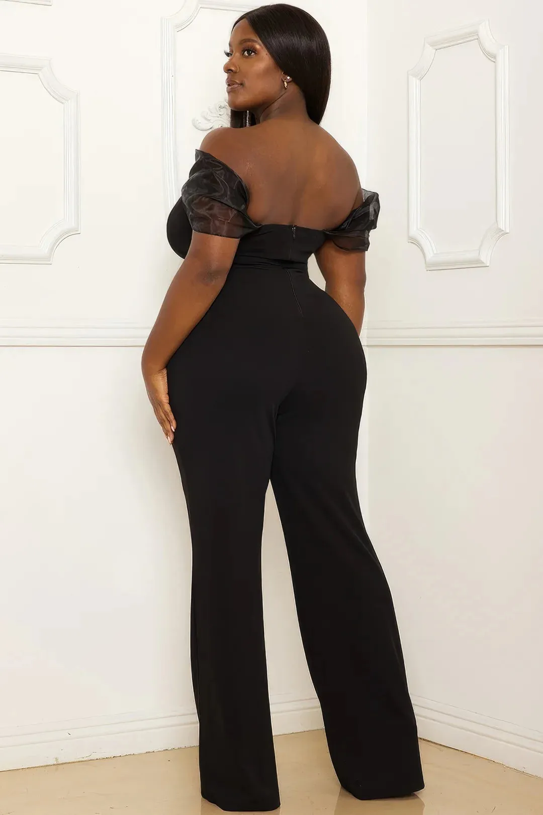 Final Sale Plus Size Mesh Off The Shoulder Plus Size Jumpsuit in Black