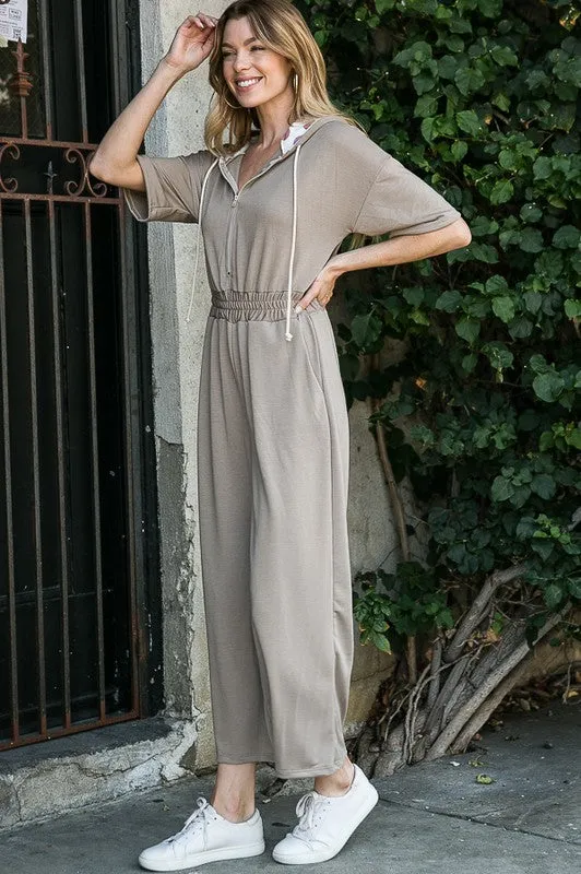 French Terry Contrast Hoodie Jumpsuit w/ Pockets