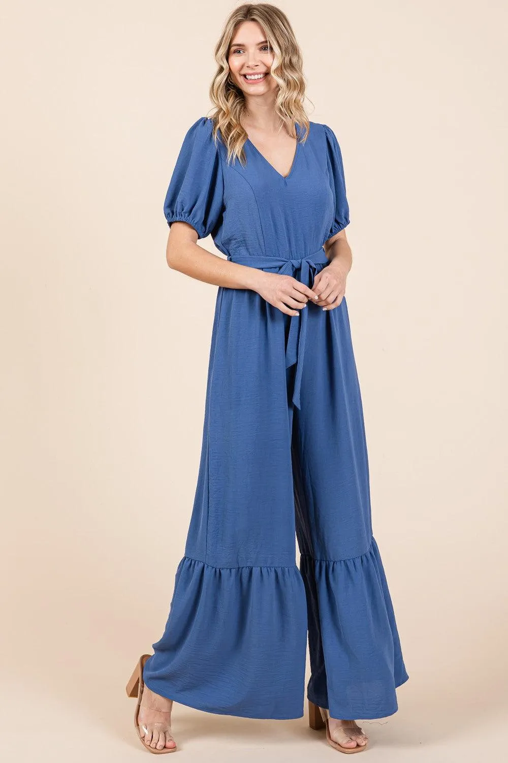 GeeGee Full Size V-Neck Belted Wide Leg Jumpsuit