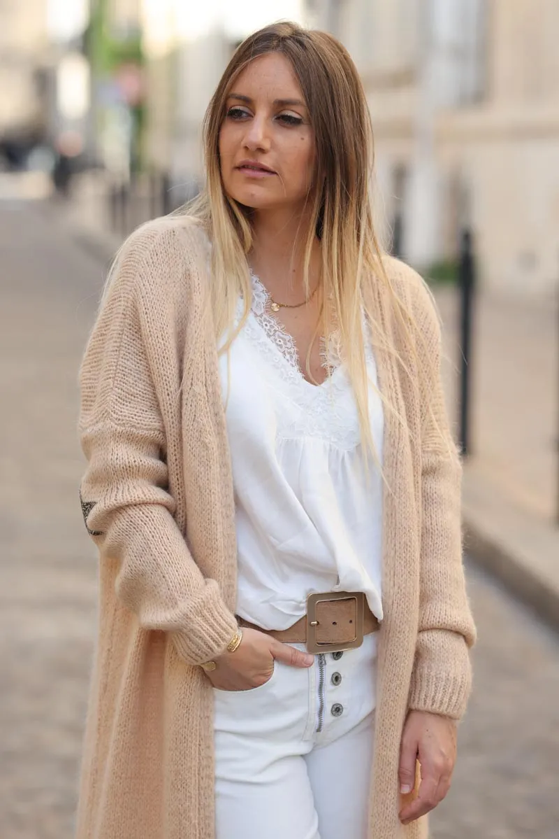 Gilet long droit sable grosses mailles étoile strass manches