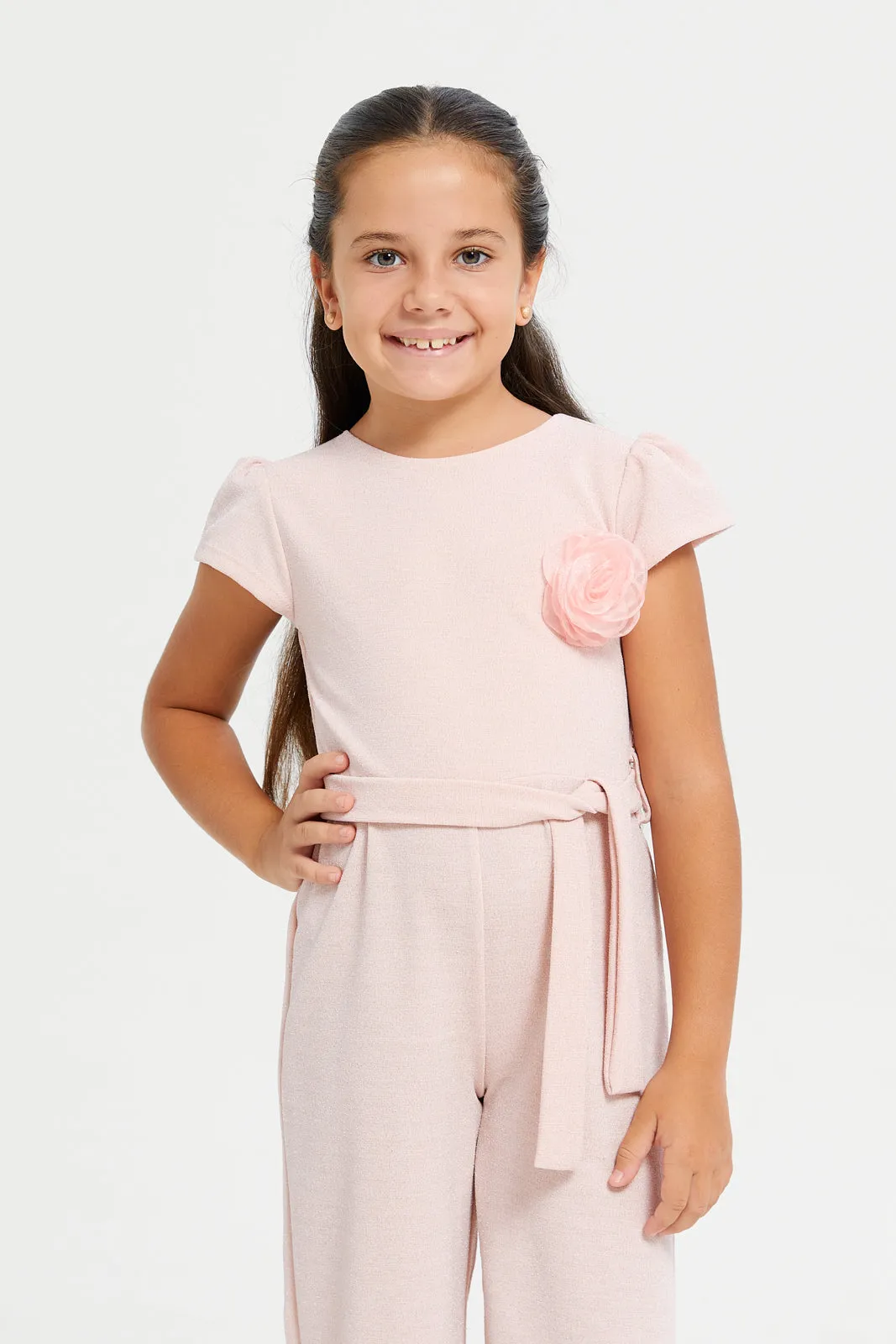 Girls Pink Glittered Jumpsuit With Corsage Details