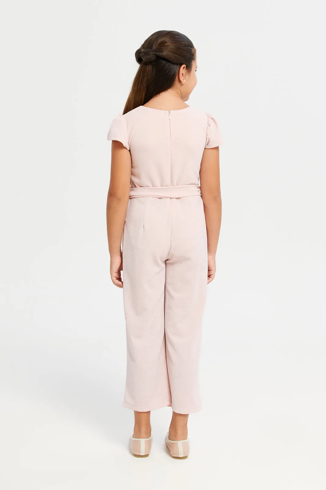 Girls Pink Glittered Jumpsuit With Corsage Details