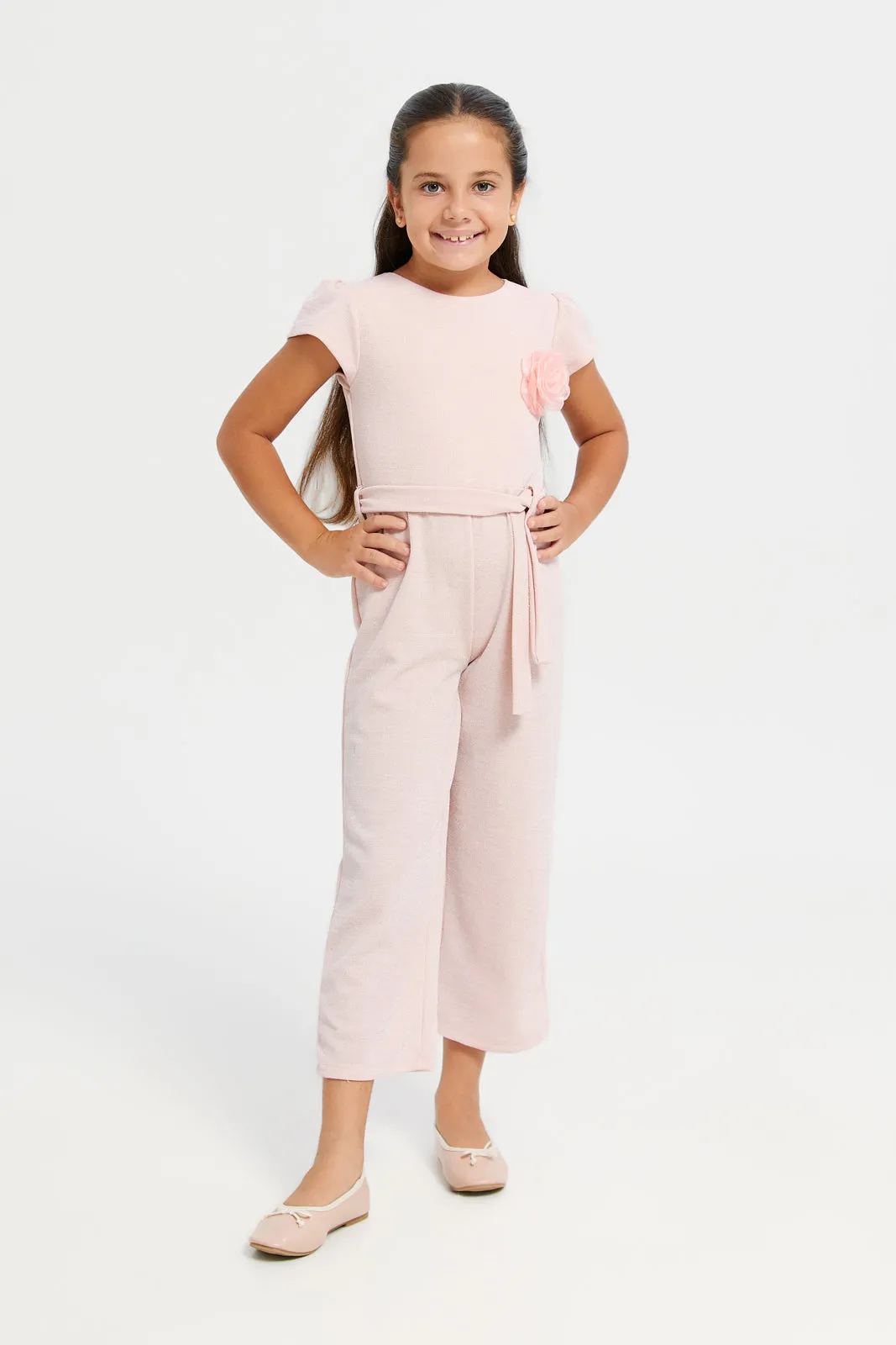 Girls Pink Glittered Jumpsuit With Corsage Details