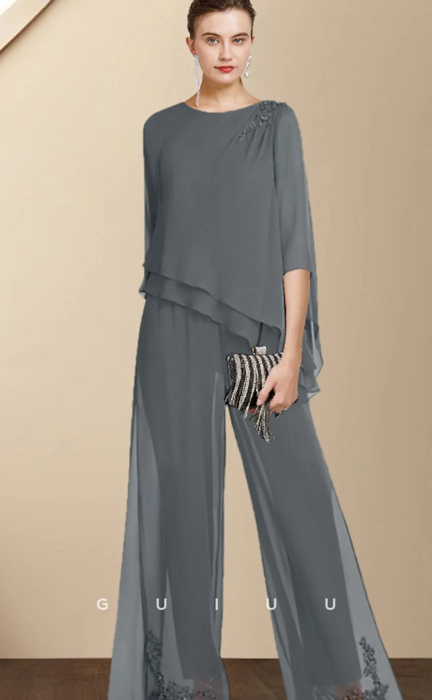 GM036 - Plus Size Two Pieces Jumpsuit Length Chiffon 34 Length Sleeve Appliques Mother of the Bride Dress