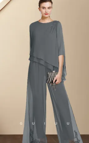 GM036 - Plus Size Two Pieces Jumpsuit Length Chiffon 34 Length Sleeve Appliques Mother of the Bride Dress