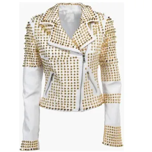 Golden Studded Leather White Jacket