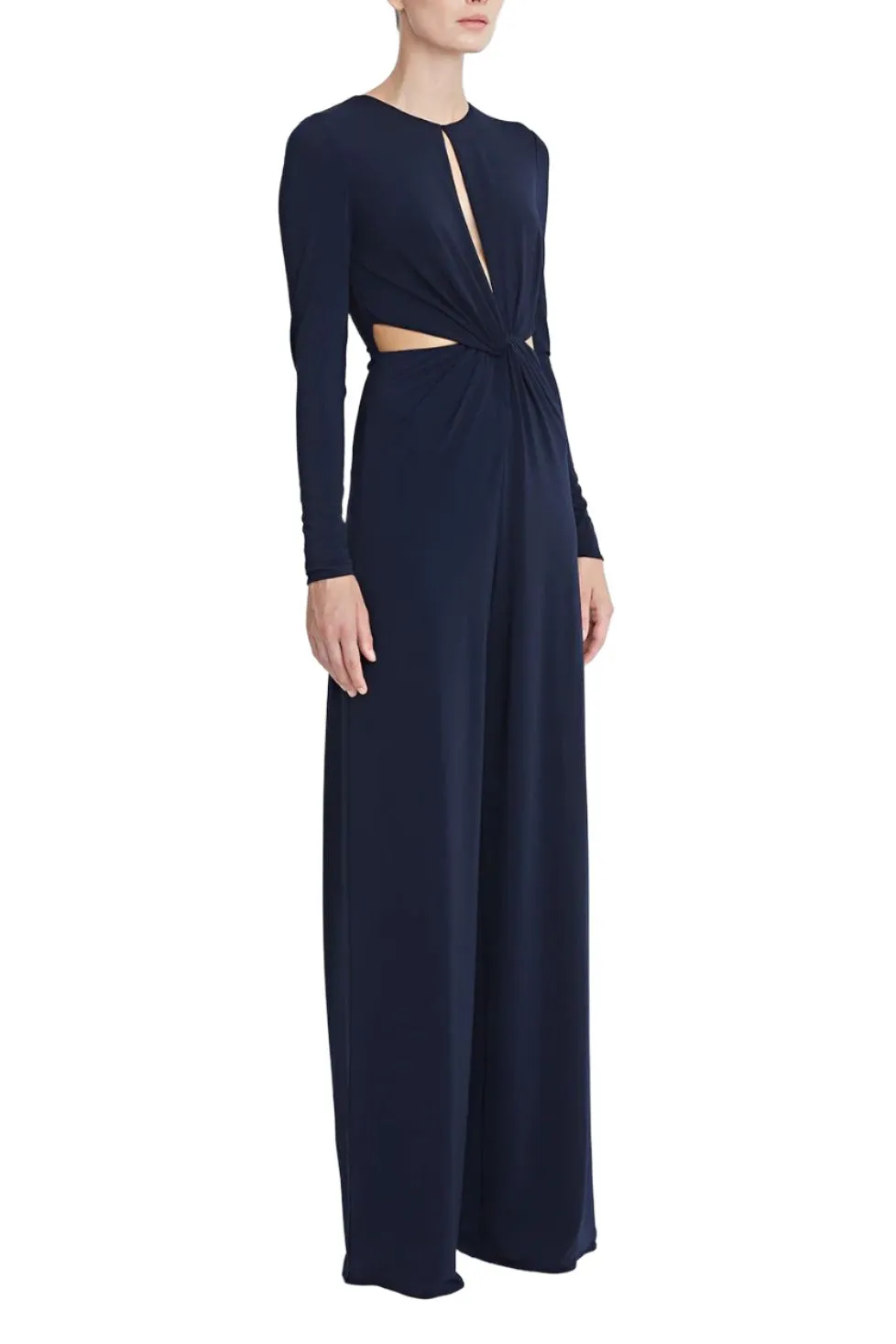 Halston Crew Neck Long Sleeve Keyhole Crossed Front Waist Cutout Solid Jersey Jumpsuit