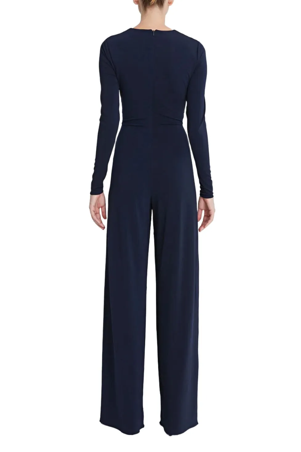 Halston Crew Neck Long Sleeve Keyhole Crossed Front Waist Cutout Solid Jersey Jumpsuit