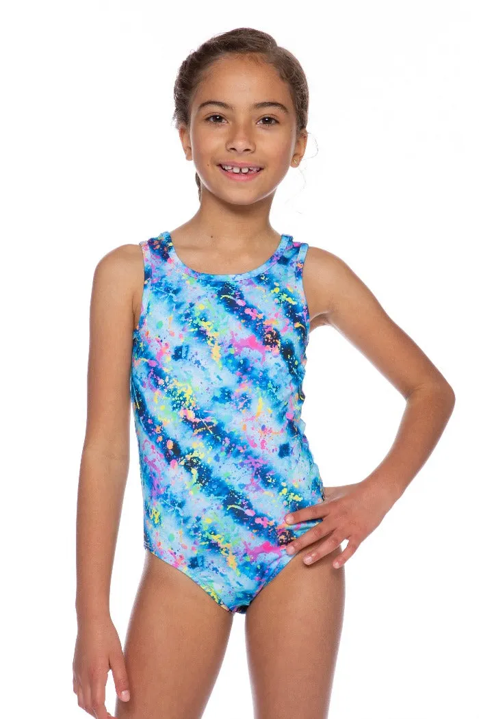 High Shine One Piece Swimsuit - Denim Batik Splatter