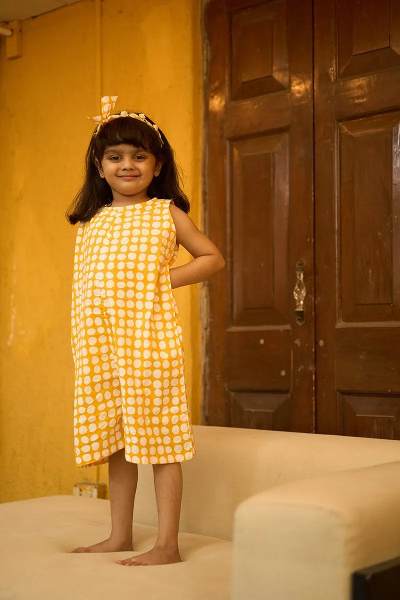 Innocence’ kids jumpsuit in yellow polka hand block print cotton for boys and girls