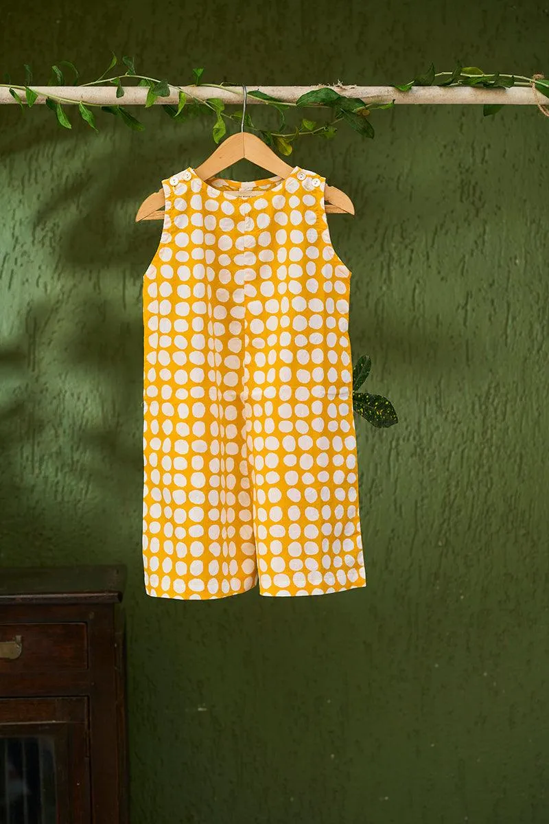 Innocence’ kids jumpsuit in yellow polka hand block print cotton for boys and girls