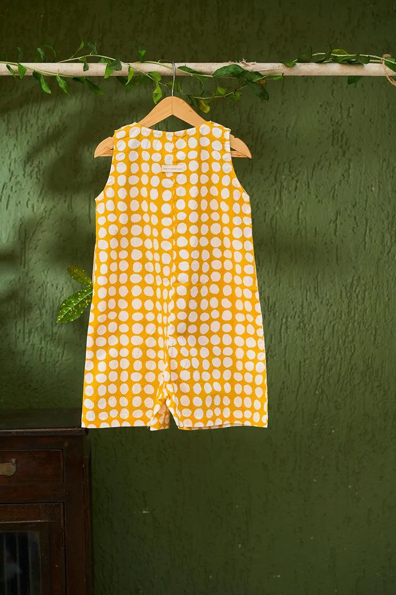 Innocence’ kids jumpsuit in yellow polka hand block print cotton for boys and girls