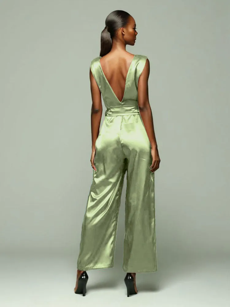 Jumpsuit/Pantsuit V-Back Zipper Sleeveless Soft Satin Mother Of The Bride Dress Pants Suits With Tie