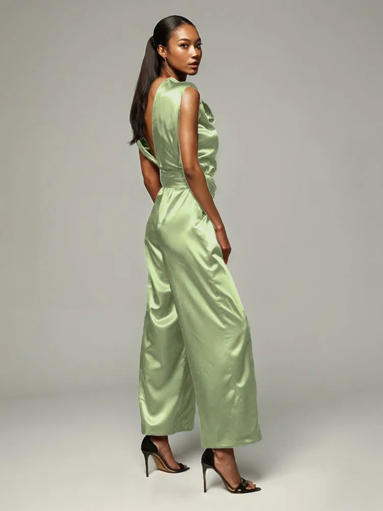 Jumpsuit/Pantsuit V-Back Zipper Sleeveless Soft Satin Mother Of The Bride Dress Pants Suits With Tie