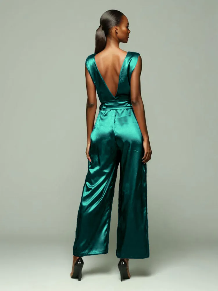 Jumpsuit/Pantsuit V-Back Zipper Sleeveless Soft Satin Mother Of The Bride Dress Pants Suits With Tie