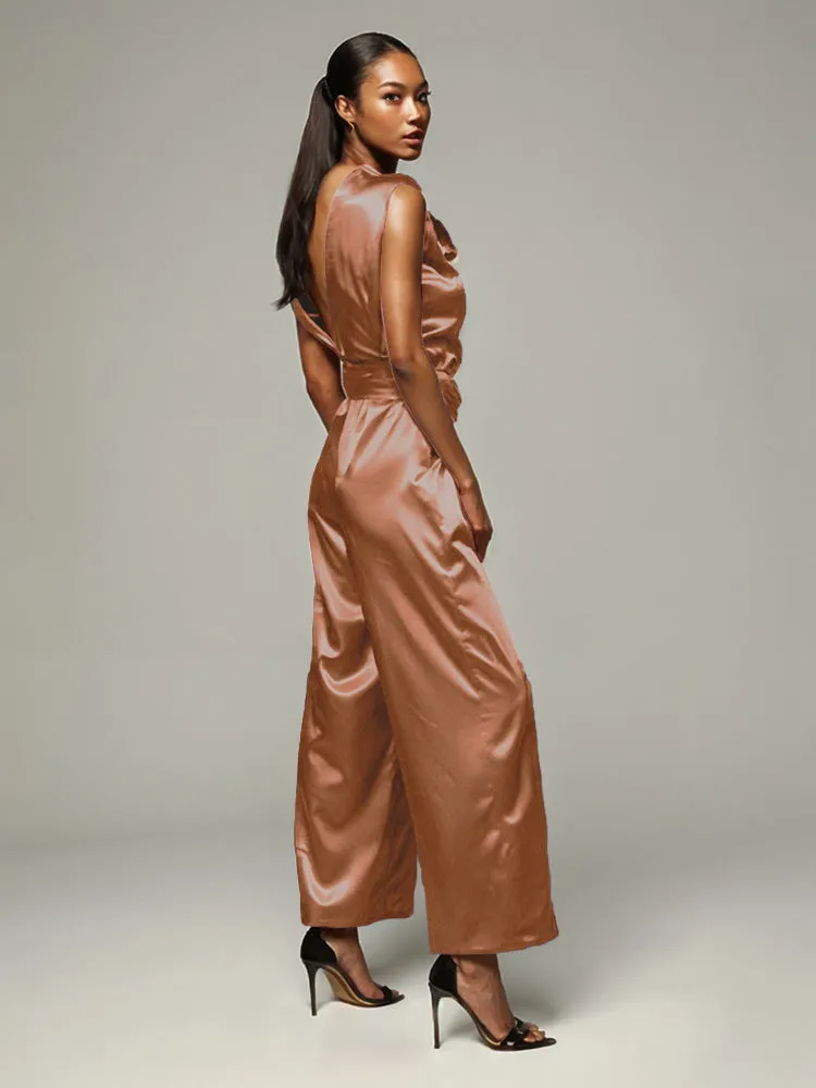 Jumpsuit/Pantsuit V-Back Zipper Sleeveless Soft Satin Mother Of The Bride Dress Pants Suits With Tie