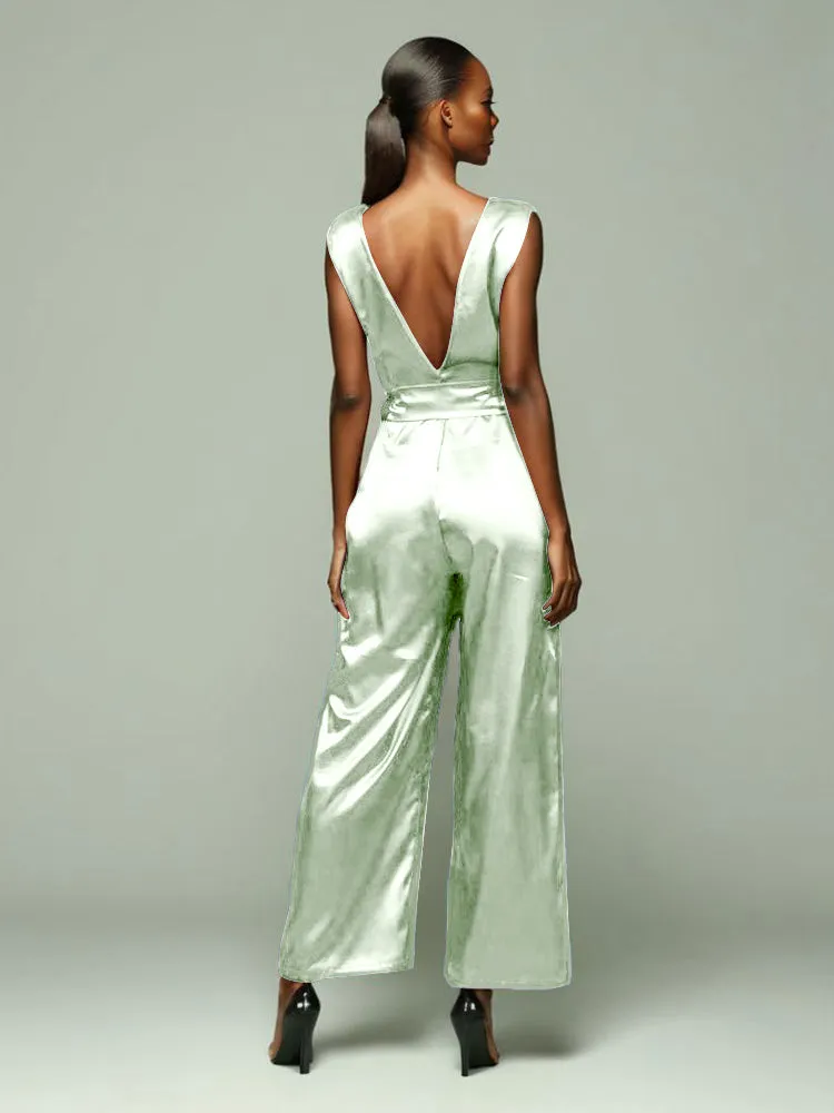 Jumpsuit/Pantsuit V-Back Zipper Sleeveless Soft Satin Mother Of The Bride Dress Pants Suits With Tie