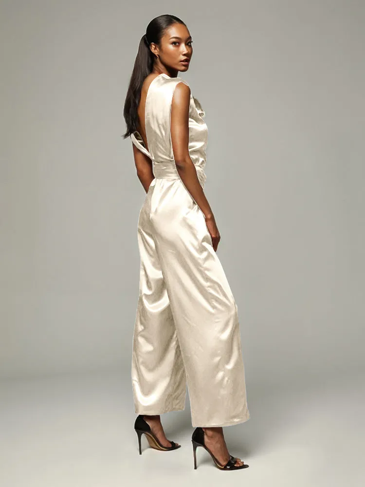 Jumpsuit/Pantsuit V-Back Zipper Sleeveless Soft Satin Mother Of The Bride Dress Pants Suits With Tie