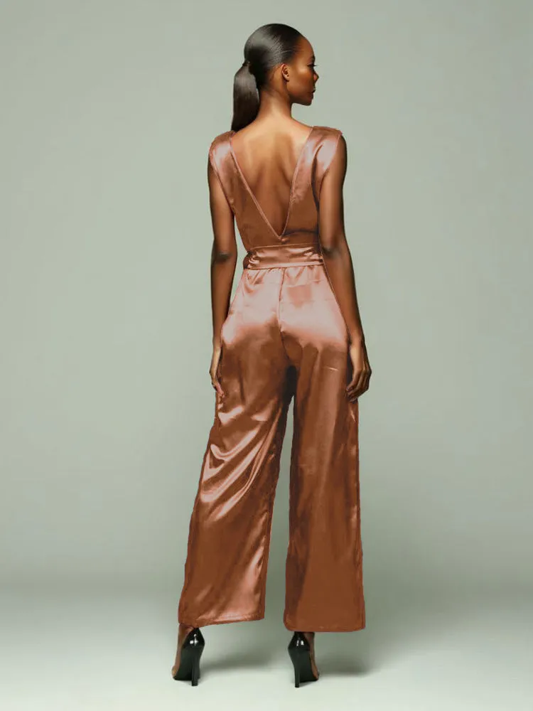 Jumpsuit/Pantsuit V-Back Zipper Sleeveless Soft Satin Mother Of The Bride Dress Pants Suits With Tie