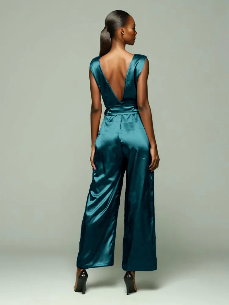 Jumpsuit/Pantsuit V-Back Zipper Sleeveless Soft Satin Mother Of The Bride Dress Pants Suits With Tie