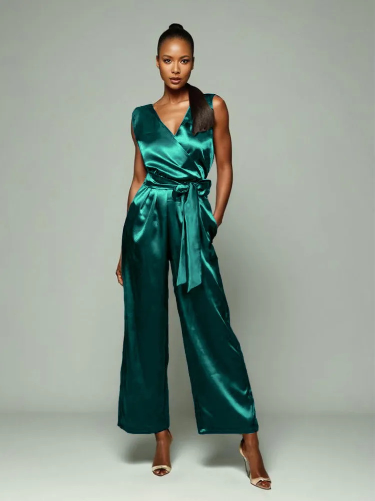 Jumpsuit/Pantsuit V-Back Zipper Sleeveless Soft Satin Mother Of The Bride Dress Pants Suits With Tie