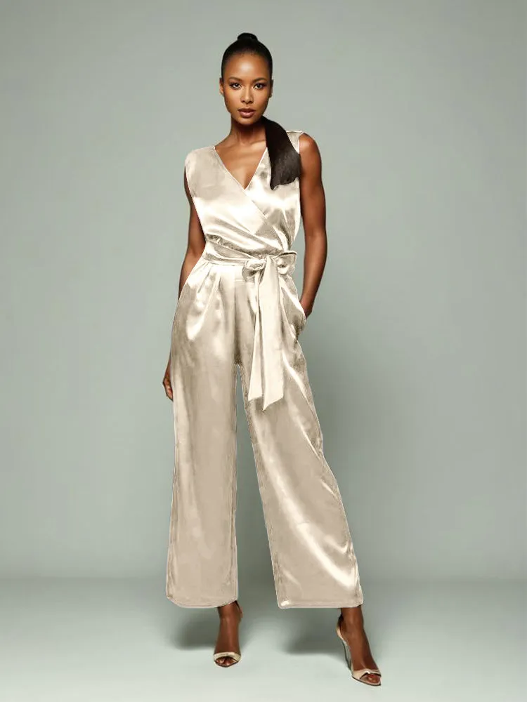 Jumpsuit/Pantsuit V-Back Zipper Sleeveless Soft Satin Mother Of The Bride Dress Pants Suits With Tie