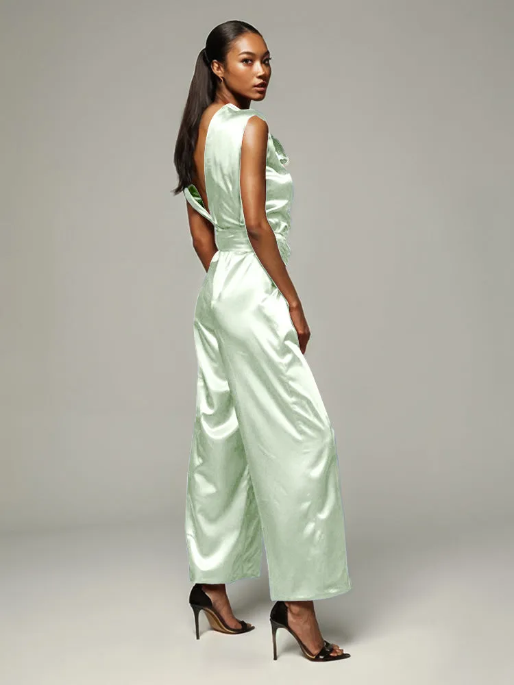 Jumpsuit/Pantsuit V-Back Zipper Sleeveless Soft Satin Mother Of The Bride Dress Pants Suits With Tie