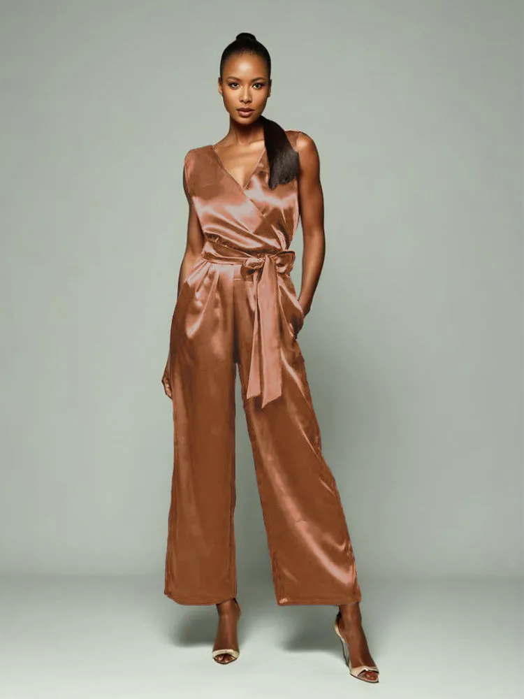 Jumpsuit/Pantsuit V-Back Zipper Sleeveless Soft Satin Mother Of The Bride Dress Pants Suits With Tie