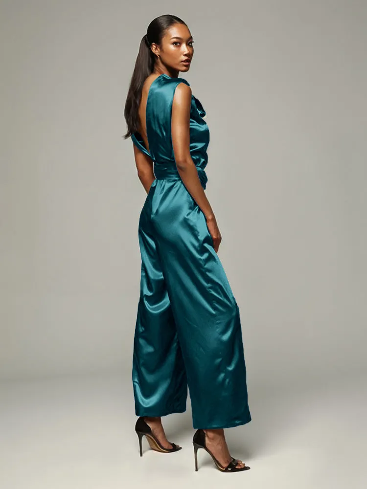 Jumpsuit/Pantsuit V-Back Zipper Sleeveless Soft Satin Mother Of The Bride Dress Pants Suits With Tie